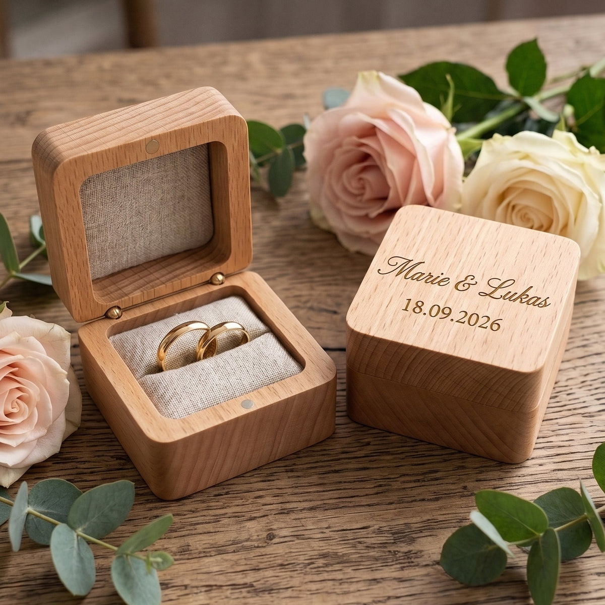 Personalisierte Ringbox aus Holz mit Lasergravur – Marie & Lukas – aadesigners