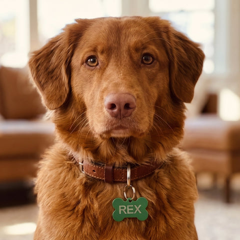 Brauner Hund mit grüner Hundemarke und Namensgravur Rex am Halsband