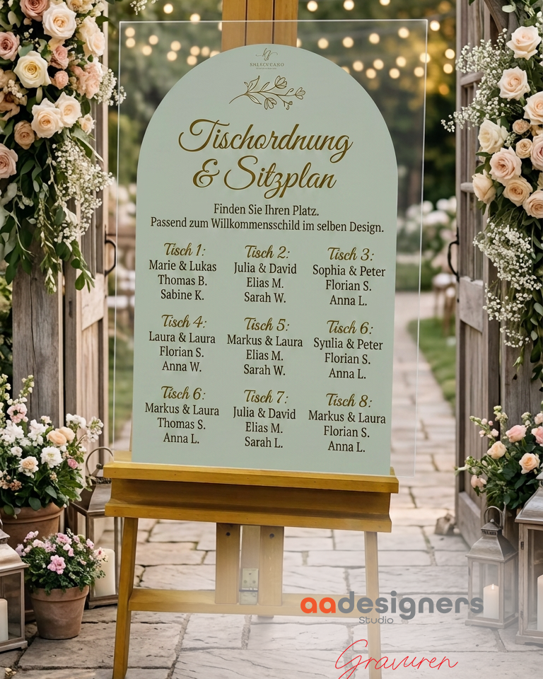 Personalisierter Sitzplan zur Hochzeit auf einer Staffelei zwischen Blumendekoration