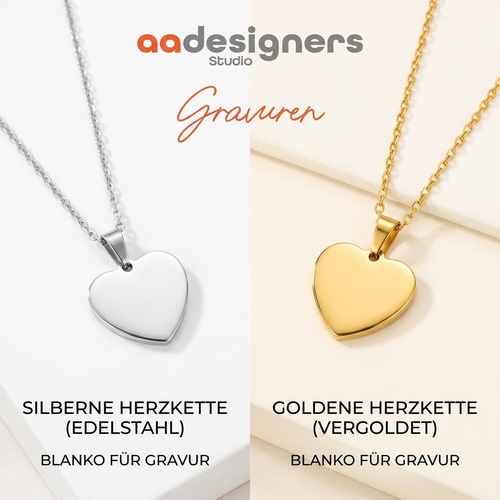 Silberne Edelstahl-Herzkette und vergoldete Herzkette, blanko für eine individuelle Gravur