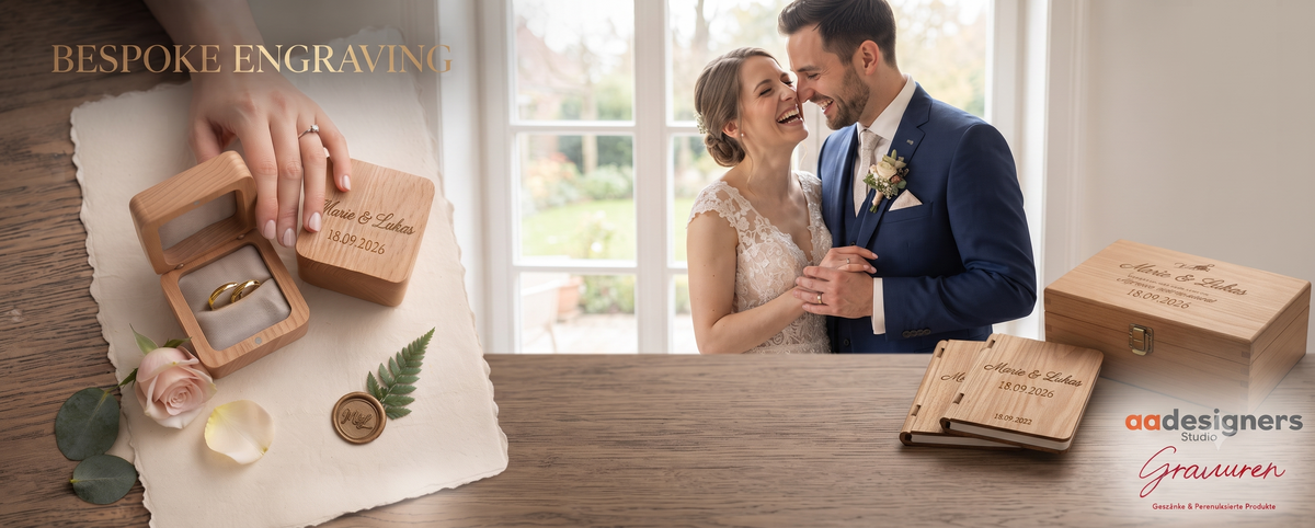 Hochzeitspaar mit personalisierten Holzgeschenken, Ringbox und Gästebuch von aadesigners