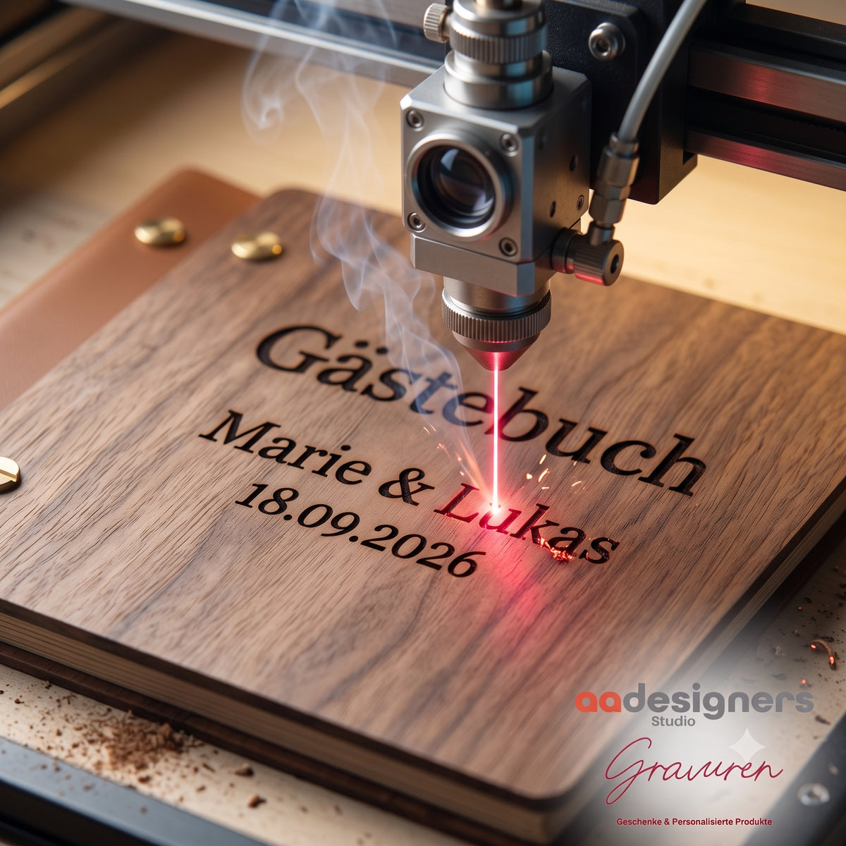Darstellung einer Lasergravur von Namen und Hochzeitsdatum auf einem Holz-Gästebuch