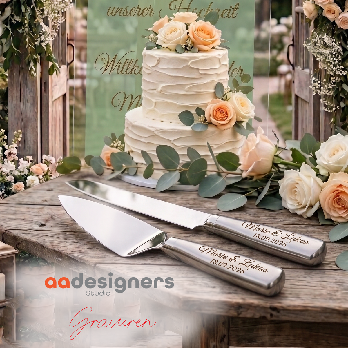 Hochzeitstortenmesser und Tortenheber mit gravierten Namen und Datum vor einer Hochzeitstorte