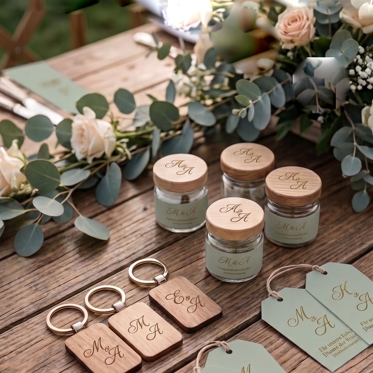 Hochzeits-Gastgeschenke mit gravierten Holzschlüsselanhängern, Kerzengläsern und Geschenkanhängern