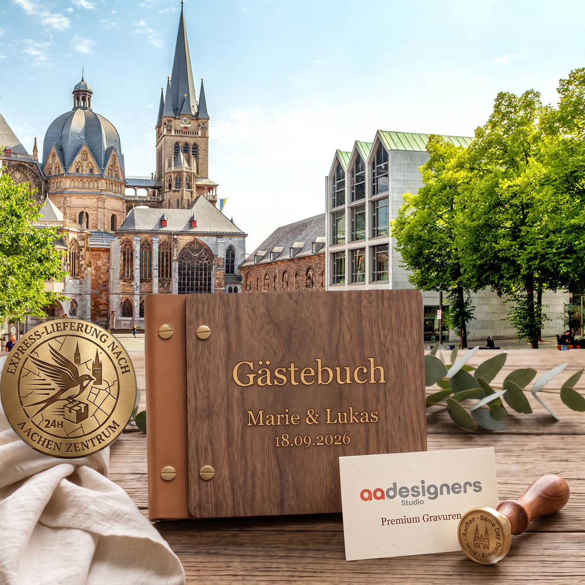 Personalisiertes Holz-Gästebuch mit Namen und Datum vor dem Aachener Dom