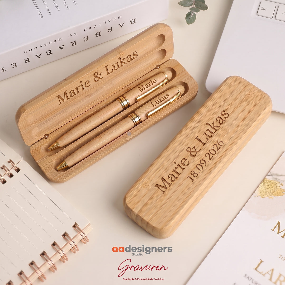 Personalisiertes Holz-Stifteset mit Gravur – Marie & Lukas