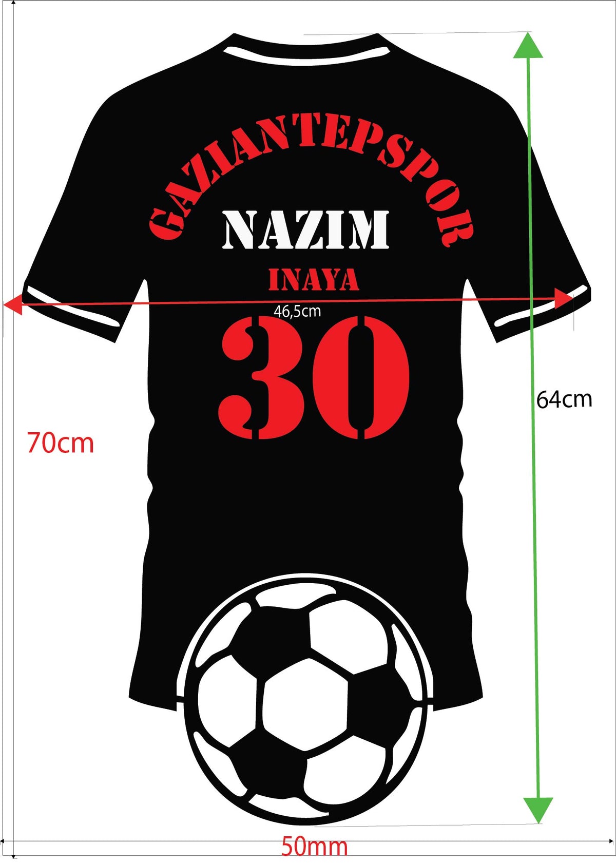 Entwurf eines personalisierten schwarzen Fußballtrikots mit Namen, Nummer 30 und Maßangaben
