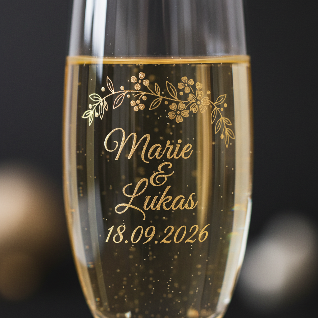 Nahaufnahme der Gravur auf einem Sektglas mit Blumenmotiv, Namen Marie und Lukas und Datum
