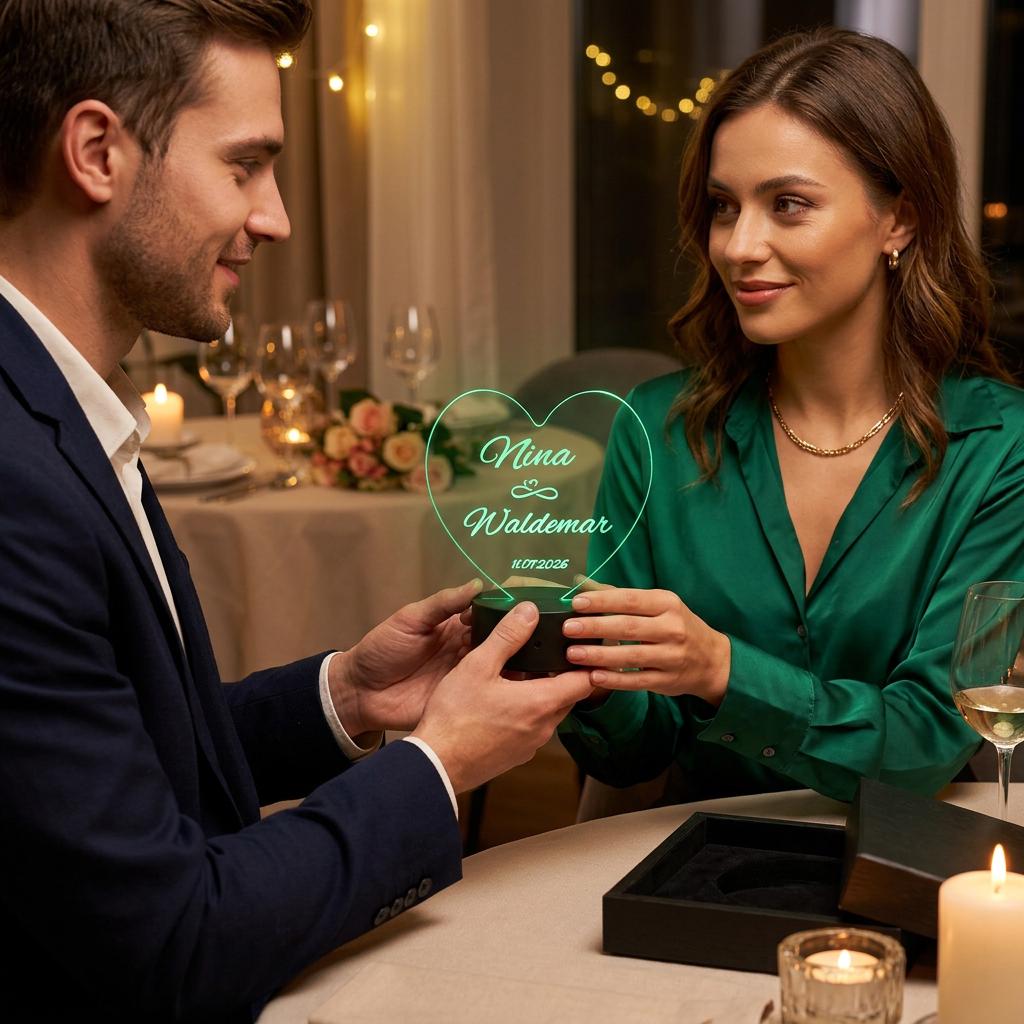 Ein Paar bei einem romantischen Abendessen bei Kerzenschein, bei dem der Mann der Frau eine personalisierte LED-Acryllampe in Herzform mit der Gravur „Nina & Waldemar“ schenkt. Perfektes Hochzeitsgeschenk und Jahrestagsgeschenk.