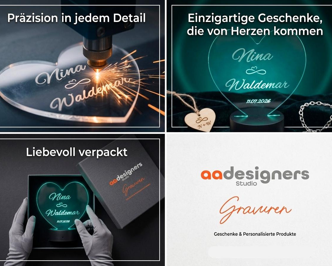 Collage zur personalisierten LED-Herzlampe: Gravur, beleuchtetes Namensmotiv und Geschenkverpackung