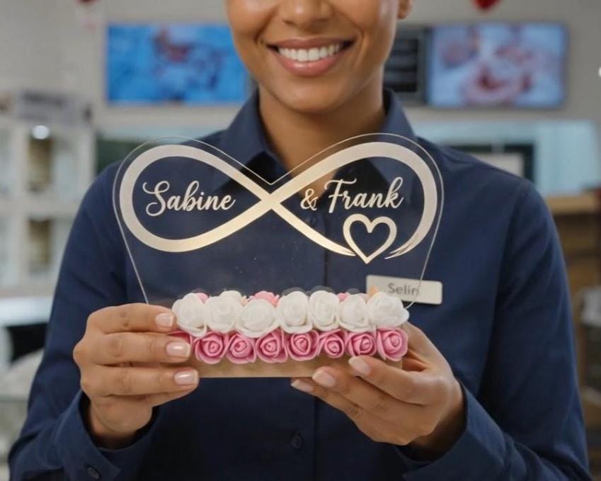 Frau präsentiert einen personalisierten Aufsteller mit Unendlichkeitszeichen, Namen Sabine und Frank und Rosen