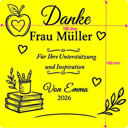 Gravurvorlage für eine Lehrer-Dankeslampe mit Namen und Maßangaben 160 × 160 mm