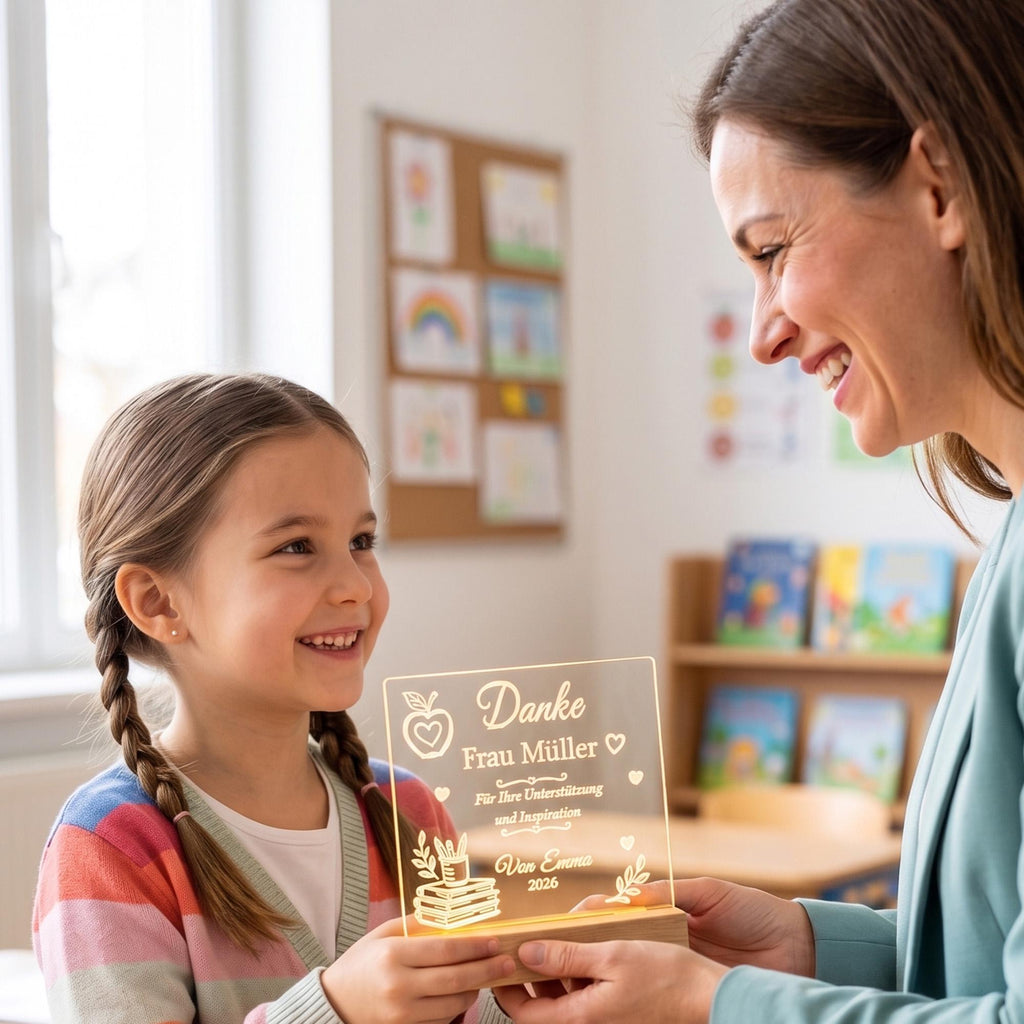 Schülerin überreicht ihrer Lehrerin eine personalisierte LED-Lampe mit Dankesgravur