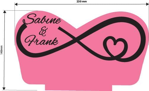 Maßzeichnung eines personalisierten Unendlichkeits-Aufstellers mit Namen Sabine und Frank, 230 × 140 mm