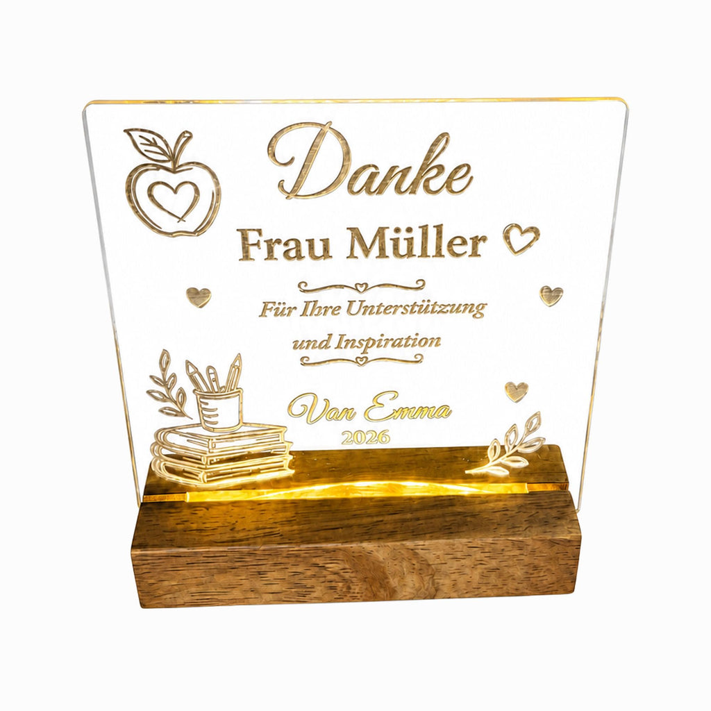 LED-Dankeslampe für Lehrerin Frau Müller mit personalisierter Gravur und Holzsockel