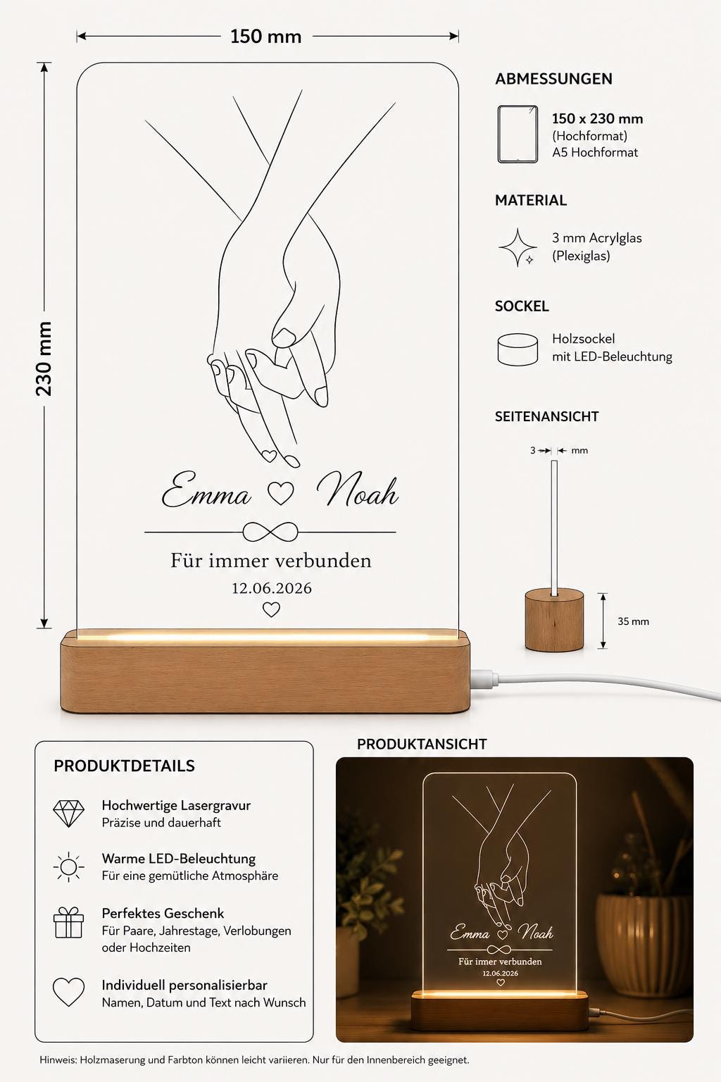 Produktübersicht der personalisierten Händemotiv-LED-Lampe mit Abmessungen 150 × 230 mm und Holzsockel