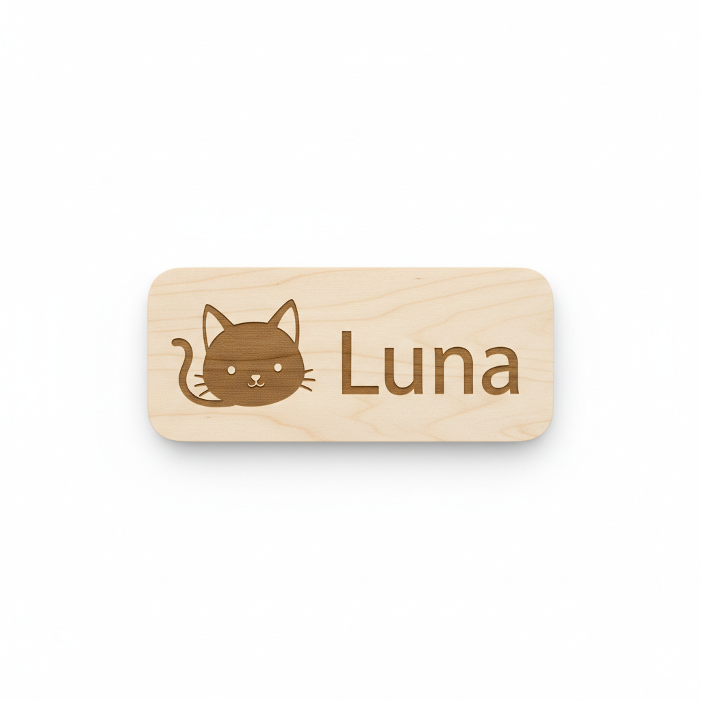 Personalisiertes Katzenschild aus Holz mit Katzenmotiv und lasergraviertem Namen Luna