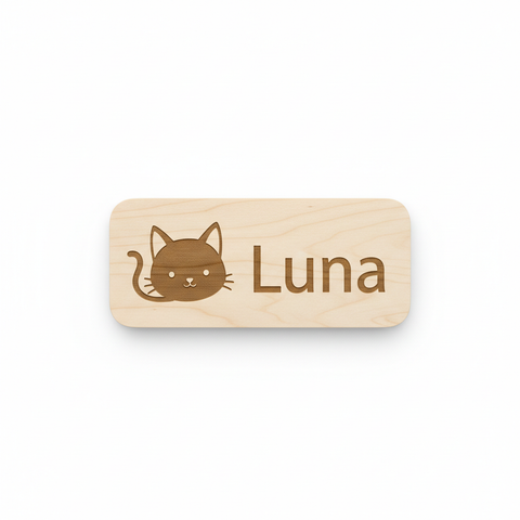 Personalisiertes Katzenschild aus Holz mit Katzenmotiv und lasergraviertem Namen Luna