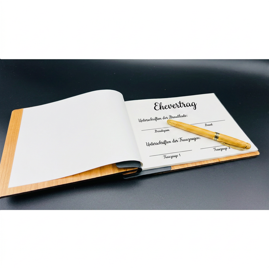 Aufgeschlagenes Hochzeitsbuch mit Holzstift und Feldern für Unterschriften