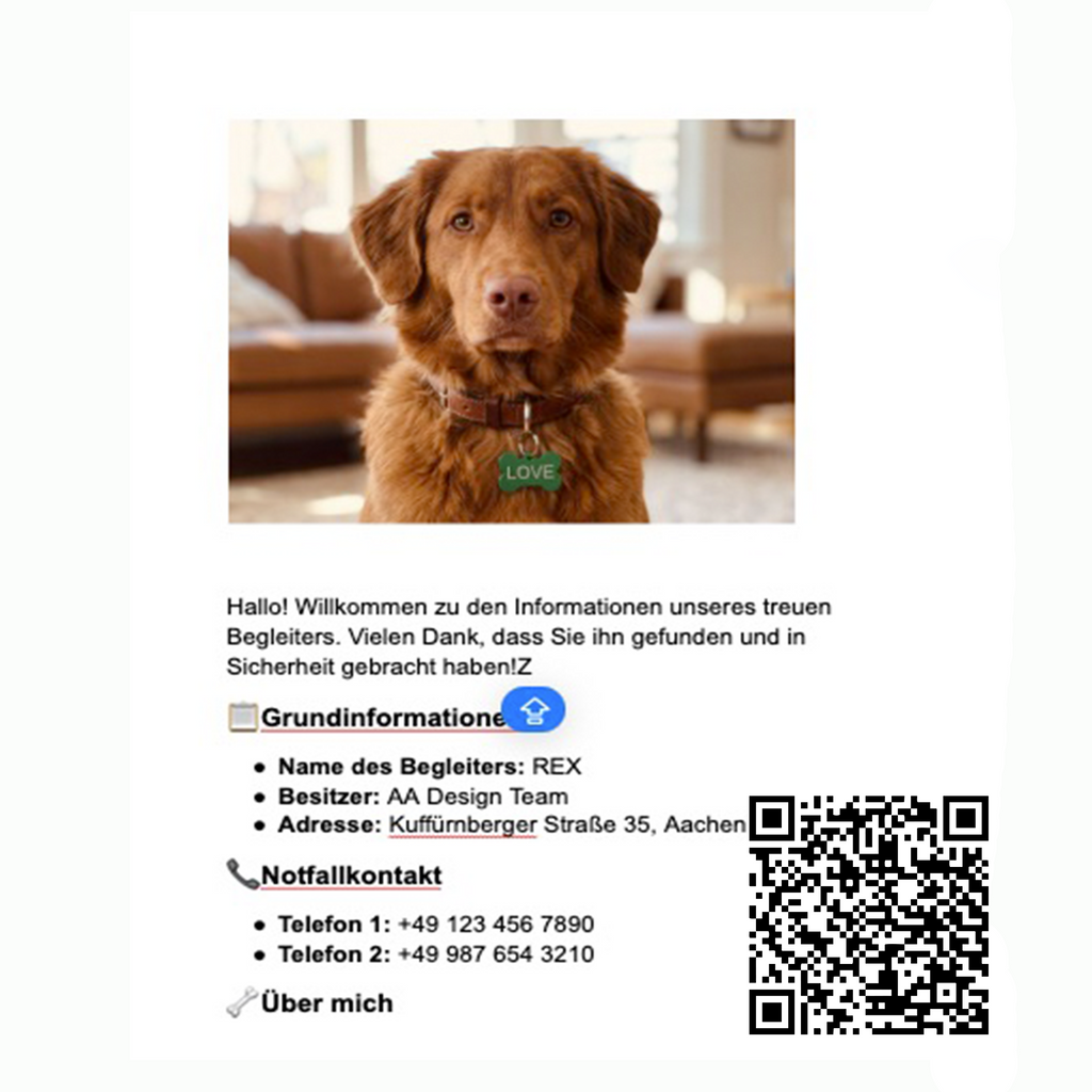 Beispiel eines Hundeprofils mit Foto, Notfallkontakten und QR-Code