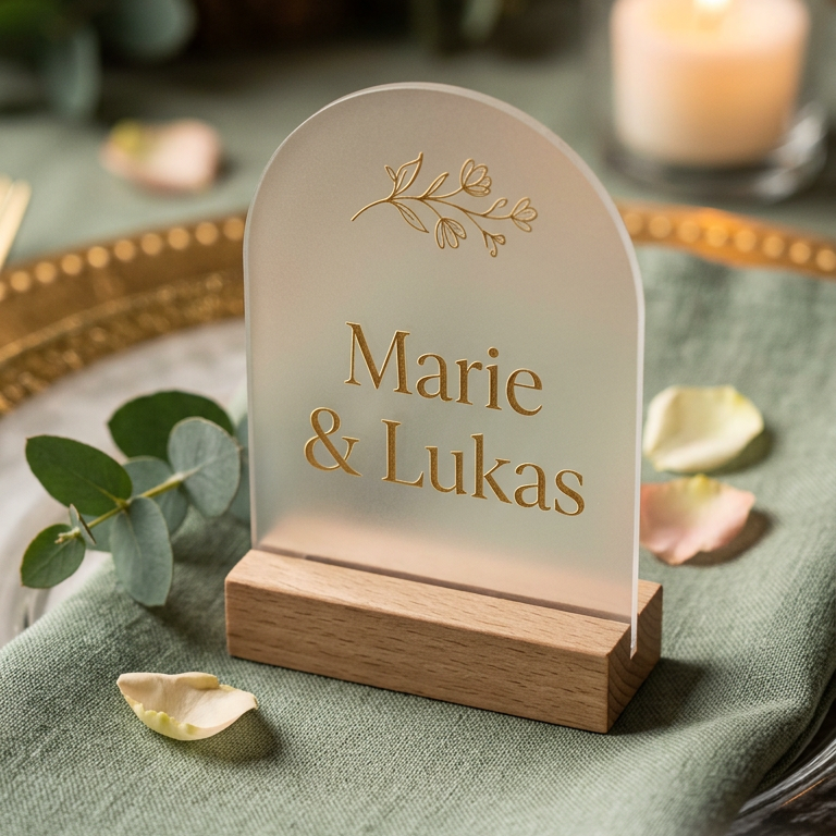 Personalisiertes Hochzeitstischschild mit Namen Marie und Lukas auf einem Holzsockel