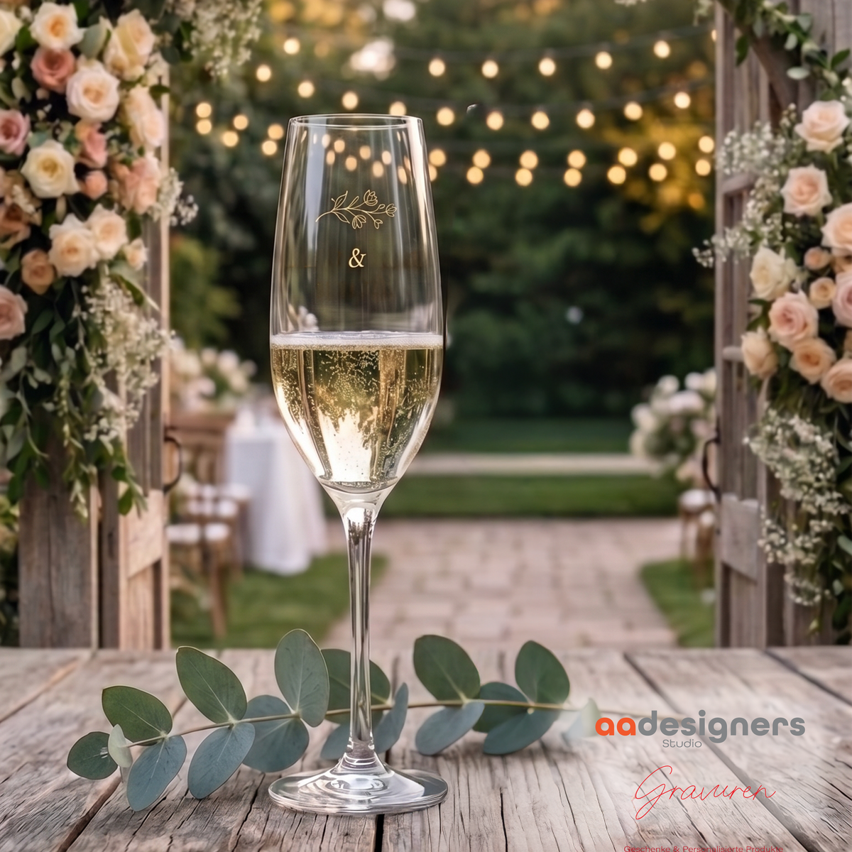 Sektglas mit floralem Gravurmotiv auf einem festlich dekorierten Holztisch